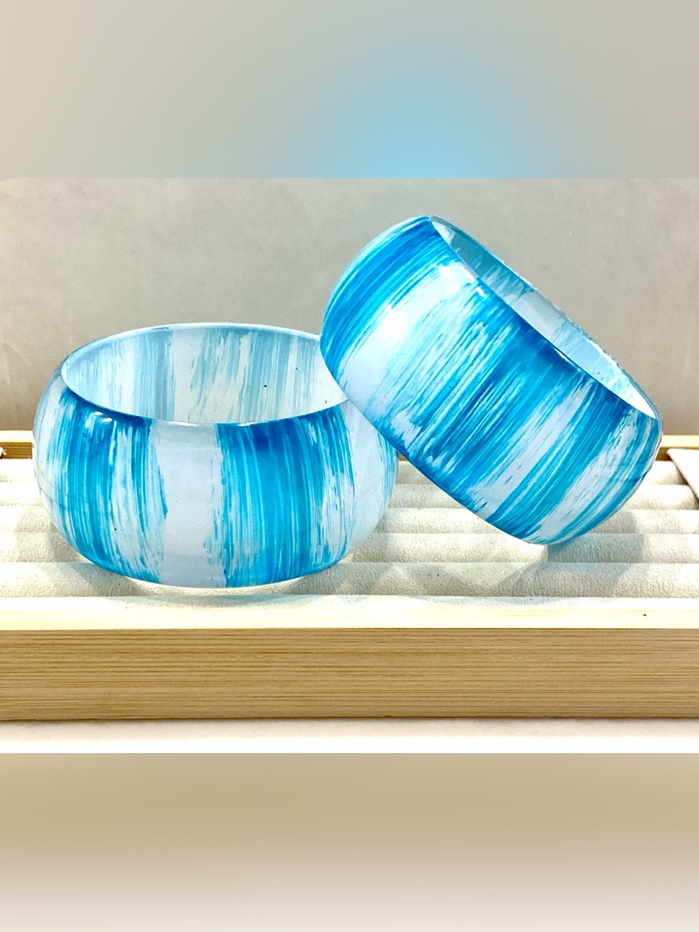 Vintage Chunky Blue White Bangle Bracelet Set | 2pc Watercolor Striped Stackable